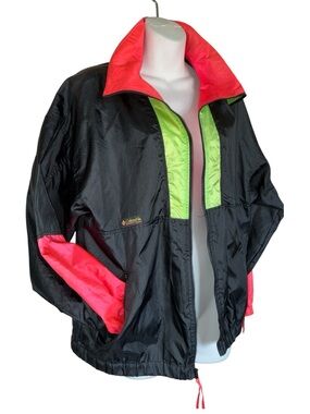 Colombia Windbreaker Jacket Women's XL, black, neon orange/green trim, zips. EUC